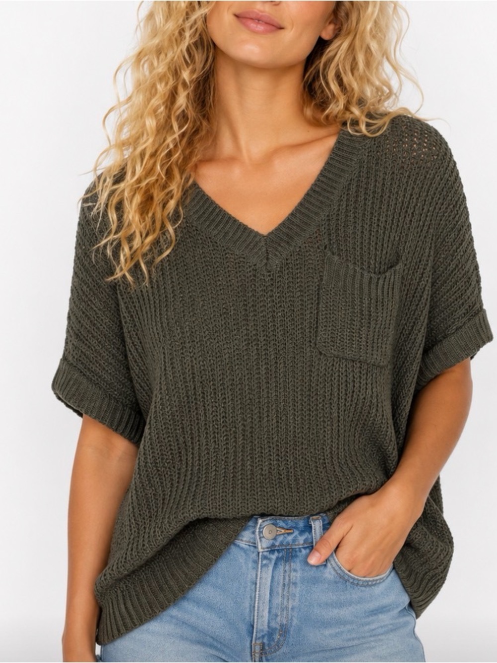 La meil Knit V-Neck Pocket Top - grey size m/l